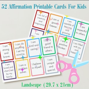 50 Tarjetas imprimibles de afirmación para niños/ Mentalidad de crecimiento para niños/ Afirmaciones de empoderamiento infantil/ Enseñar a los niños la confianza en sí mismos/Kids Mindfulness