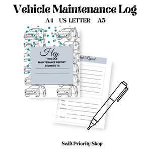 Op de afbeelding: Een zwart-witte illustratie van een auto-onderhoudslogboek met een turquoise en grijs patroon van auto's. De omslag heeft de tekst "Hey This Car Maintenance Report Belongs To". De binnenkant van het boek heeft een sectie voor een onderhoudsrapport met de koppen "Datum", "Tijd", "Locatie" en "Snelheid".