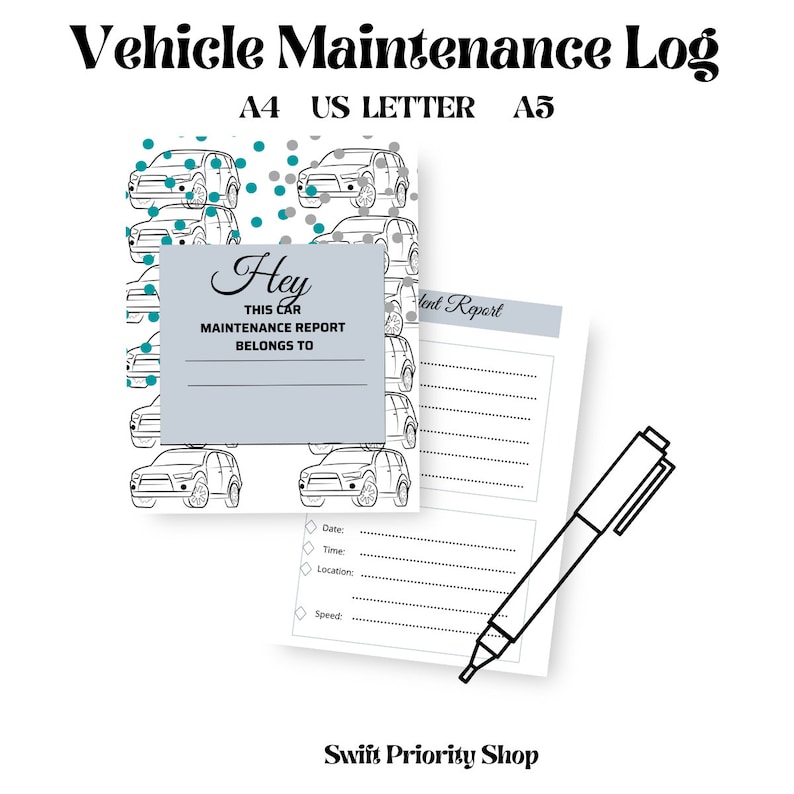 Op de afbeelding: Een zwart-witte illustratie van een auto-onderhoudslogboek met een turquoise en grijs patroon van auto's. De omslag heeft de tekst "Hey This Car Maintenance Report Belongs To". De binnenkant van het boek heeft een sectie voor een onderhoudsrapport met de koppen "Datum", "Tijd", "Locatie" en "Snelheid".
