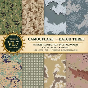 Könnte beinhalten: Eine Sammlung von acht digitalen Papieren mit verschiedenen Tarnmustern, darunter pixelige grüne, beige, blaue und braune Designs. Ein zentrales Banner zeigt den Text: PREMIUM VL7 8 DESIGNS CAMOUFLAGE - BATCH THREE 8 HIGH-RESOLUTION DIGITAL PAPERS 21,59 x 27,94 CM 400 DPI JPG + PNG + PDF PERSONAL & COMMERCIAL USE.