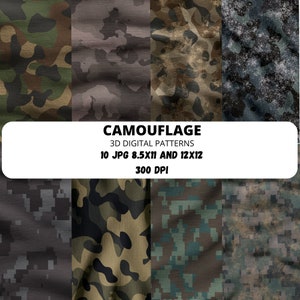 Puede incluir: Un conjunto de 10 patrones de camuflaje digital en varios tonos de verde, marrón, negro y gris. Los patrones son de 8,5x11 y 12x12 pulgadas y 300 DPI.