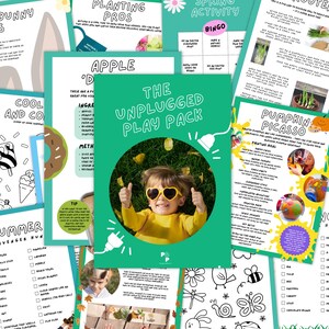 May include: A selection of children's activity sheets, including a green cover with the title "The Unplugged Play Pack" and a child wearing heart-shaped sunglasses. Other sheets feature themes like "Bunny," "Cool and Co," and "Pumpkin Picasso."