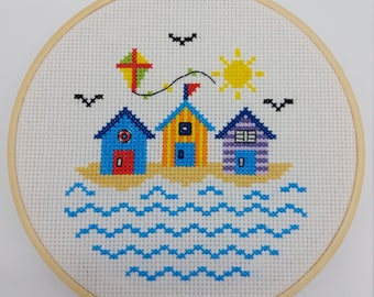 Benway Counted Cross Stitch Seaside with Boat House Trees and Mountain 14 Count 65cm X 53cm