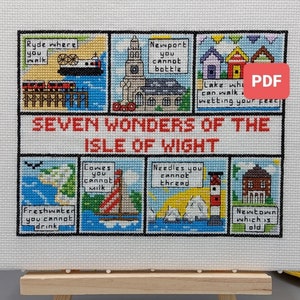Sieben Wunder der Isle of Wight Kreuzstich PDF, Kreuzstich PDF, Wahrzeichen Kreuzstich, UK Kreuzstichmuster, Isle of Wight Postkarte