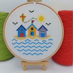 Beach Hut Cross Stitch Kit, Beach Huts, Beach lover, Summer Sewing, Holiday Cross Stitch, Seaside Craft, Beach Cross Stitch, Beach Scene