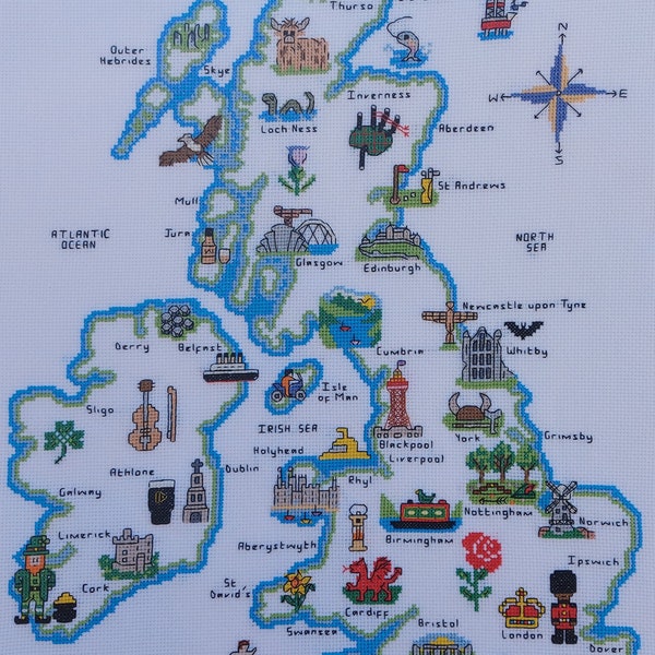Map of the British Isles Modern Cross Stitch Kit, UK Map, Cross Stitch Kit, Cross Stitch Map, Cross Stitch Pattern, UK Landmarks, Modern kit