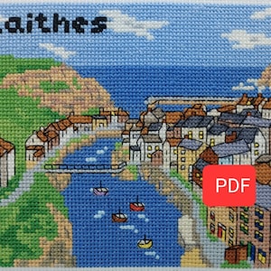 Staithes Cross Stitch PDF, Scarborough Cross Stitch, Whitby Cross Stitch, Staithes Poster. Modern Embroidery, UK Landmark, Landmark Pattern