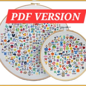 May include: Two cross-stitch hoops with colorful, pixelated designs. The larger hoop features a variety of icons and the text "2024" and "PDF VERSION". The smaller hoop has a similar design. Both are set in wooden hoops.