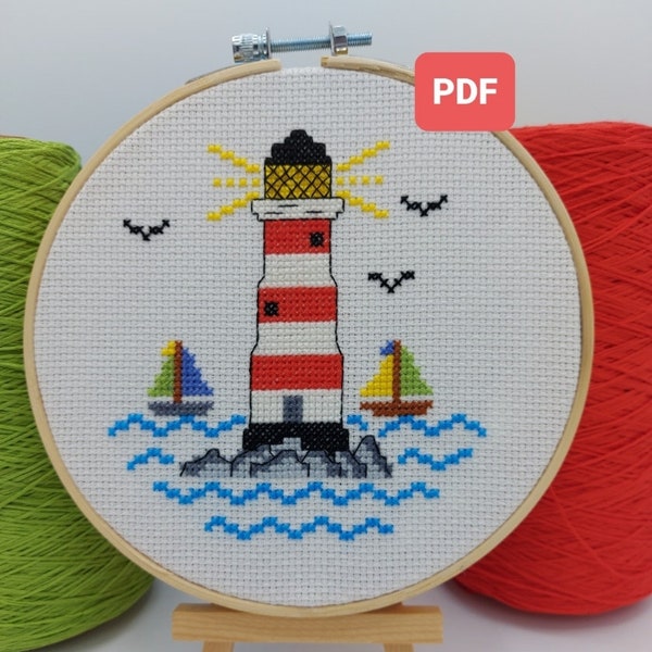 Lighthouse Cross Stitch PDF, Lighthouse Cross Stitch Pattern, Beginners Cross Stitch, Fun Embroidery, Seaside Cross Stitch