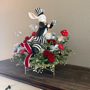 Easter Bunny Wonderland Inspired Arrangement, Springtime Centerpiece, Gold Cake Stand, mushrooms, clock and butterflies