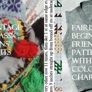 May include: A gray knitted vest with the text "Fair Isle - Beginner Friendly Pattern with Colour Chart". The vest is shown next to a color chart with a variety of colored squares.