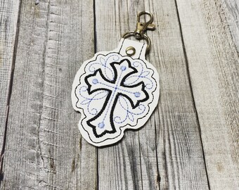 Cross, Cross with Scrolls embroidery, keychain, leather tag, marine vinyl, stocking stuffers for teen girls, tween girl gifts