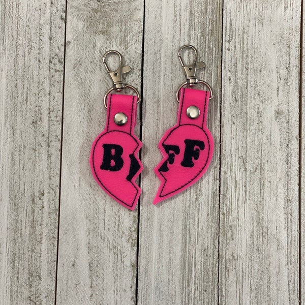 Best friends keychains, stocking stuffers for teen girls, tween girl gifts, embroidery leather tags, BFF keychain for 2, heart keychain