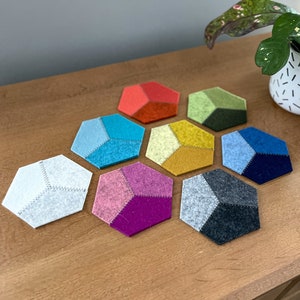 Multi-Color Hexagon Hand-Cut Geometric Modern 100% Merino Wool Felt Drink Coaster Set of 2-8, 3mm Thick