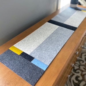 Hand-Cut Geometric Modern 100% Merino Wool Felt Table or Dresser Runner, 50&quot;L x 12&quot;W x 3mm Thick