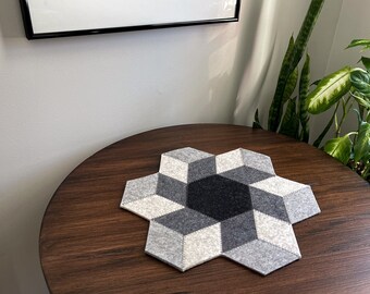 Neutral Honeycomb Table Runner, Hand-Cut 100% Merino Wool, 12"L x 12"W x 3mm Thick