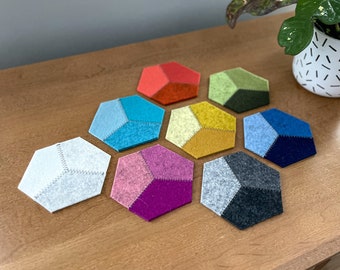 Multi-Color Hexagon Hand-Cut Geometric Modern 100% Merino Wool Felt Drink Coaster Set of 2-8, 3mm Thick