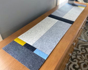 Hand-Cut Geometric Modern 100% Merino Wool Felt Table or Dresser Runner, 50&quot;L x 12&quot;W x 3mm Thick