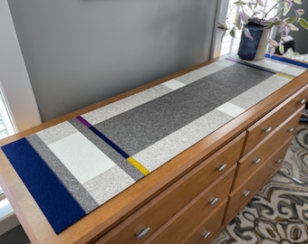 Navy Neutral Color Pop Modern Hand-Cut 100% Merino Wool Felt Table or Dresser Runner, 55.25”L x 14.75"W x 3mm Thick