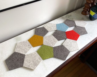 Primary Color, Pentagon Chain Mini Table Runner, Hand-Cut 100% Merino Wool, 21.75"L x 10.625"W x 3mm Thick