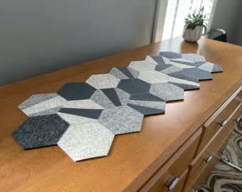 Various Gray Hexagon Hand-Cut Geometric Modern 100% Merino Wool Felt Table or Dresser Runner, 31”L x 11.25"W x 3mm Thick