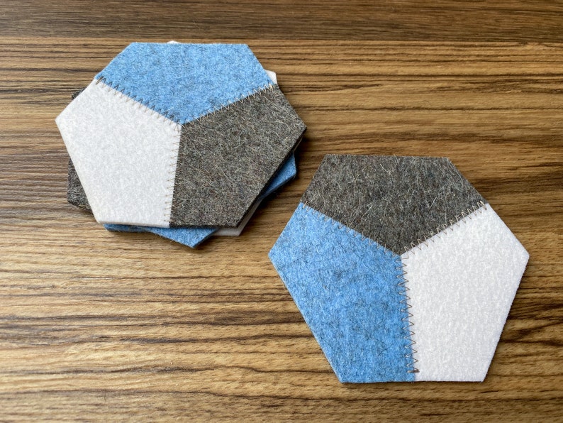 Hexagon Hand-Cut Geometric Modern 100% Merino Wool Felt Drink Coaster Set, 3mm Thick image 2