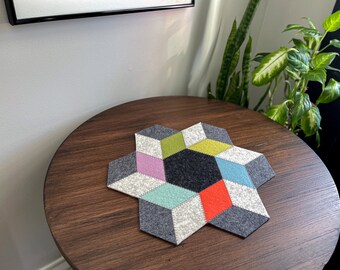 Colorful Honeycomb Table Runner, Hand-Cut 100% Merino Wool, 12"L x 12"W x 3mm Thick