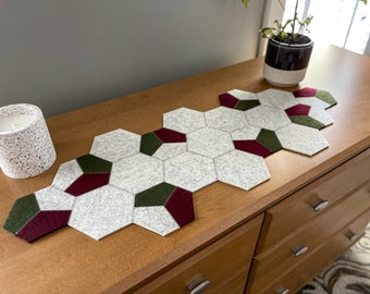 Winter Bundle - Hand-Cut Hexagon Modern 100% Merino Wool Felt Table or Dresser Runner, 31.5"L x 11.75"W x 3mm Thick with 4 Matching Coasters