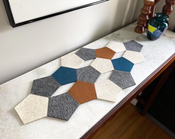 Jewel Color, Pentagon Chain Mini Table Runner, Hand-Cut 100% Merino Wool, 21.75"L x 10.625"W x 3mm Thick