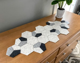 Gray Hexagon Hand-Cut Geometric Modern 100% Merino Wool Felt Table or Dresser Runner, 31.5"L x 11.75"W x 3mm Thick