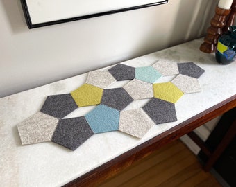 Seaglass Color, Pentagon Chain Mini Table Runner, Hand-Cut 100% Merino Wool, 21.75"L x 10.625"W x 3mm Thick