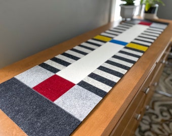 Artist "Piet Mondrian" Inspired Modern Hand-Cut 100% Merino Wool Felt Table or Dresser Runner, 50"L x 12"W x 3mm Thick