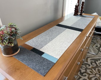 Sky and Camel Hand-Cut Geometric Modern 100% Merino Wool Felt Table or Dresser Runner, 50"L x 12"W x 3mm Thick