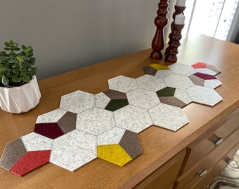 Fall Bundle - Hand-Cut Hexagon Modern 100% Merino Wool Felt Table or Dresser Runner, 31.5"L x 11.75"W x 3mm Thick with 4 Matching Coasters