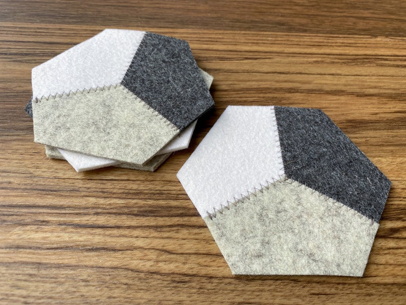 Hexagon Hand-Cut Geometric Modern 100% Merino Wool Felt Drink Coaster Set, 3mm Thick image 1