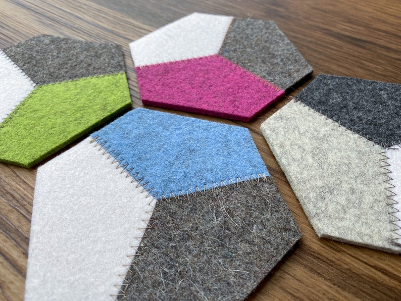 Hexagon Hand-Cut Geometric Modern 100% Merino Wool Felt Drink Coaster Set, 3mm Thick image 4