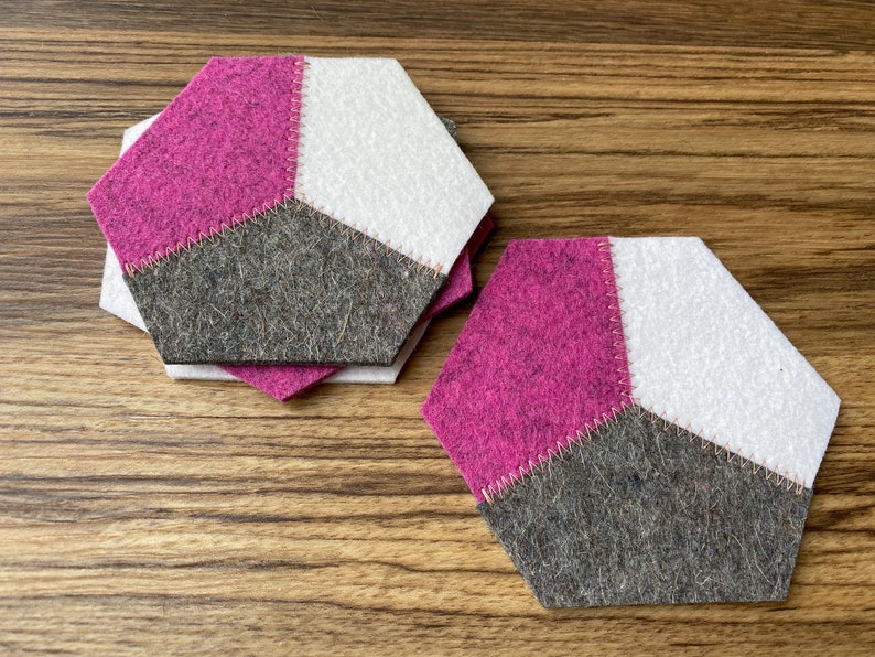 Hexagon Hand-Cut Geometric Modern 100% Merino Wool Felt Drink Coaster Set, 3mm Thick image 3