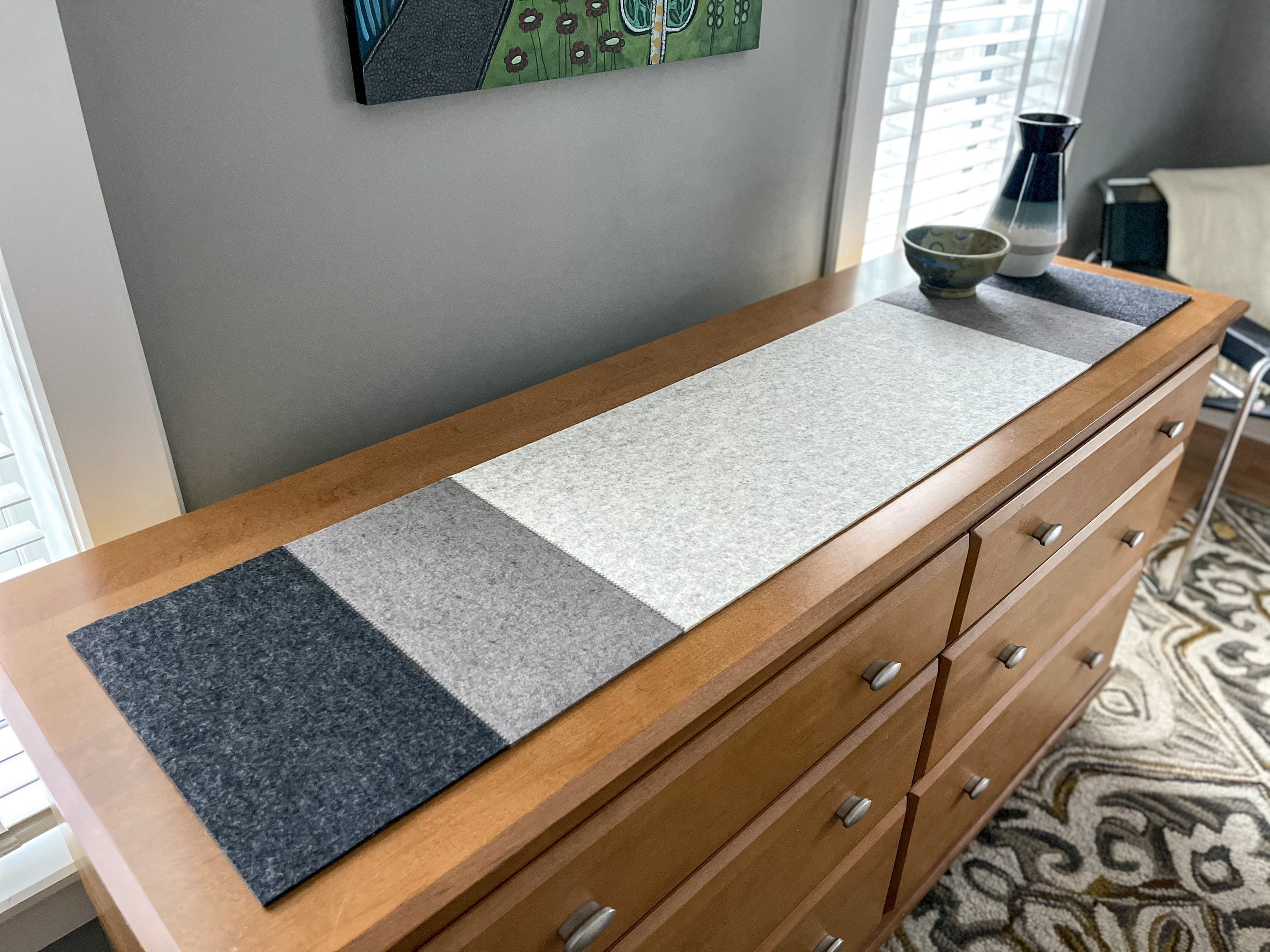 Modern Neutral Block 100% Merino Wool Felt Table or Dresser Runner, 54"L x 12"W x 3mm Thick