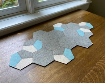 Hexagon Hand-Cut Geometric Modern 100% Merino Wool Felt Table or Dresser Runner, 24.75"L x 11.75"W x 3mm Thick