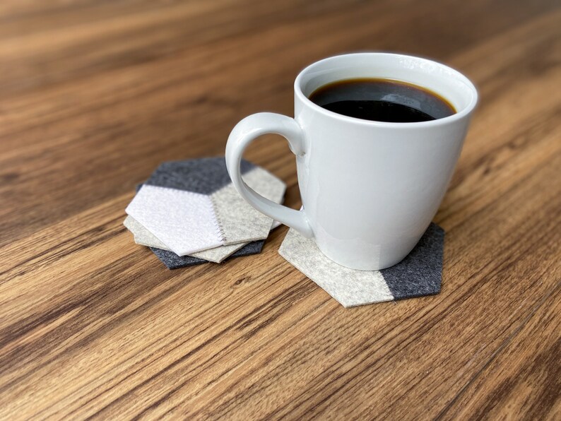 Hexagon Hand-Cut Geometric Modern 100% Merino Wool Felt Drink Coaster Set, 3mm Thick image 5