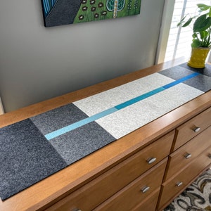 Tri-Color Modern Hand-Cut 100% Merino Wool Felt Table or Dresser Runner, 55"L x 12"W x 3mm Thick