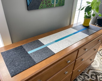 Tri-Color Modern Hand-Cut 100% Merino Wool Felt Table or Dresser Runner, 55&quot;L x 12&quot;W x 3mm Thick