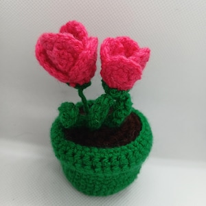 May include: A handmade crochet flower pot with two vibrant pink roses. The pot is green, filled with brown 'soil', and the roses have green stems and leaves. A charming, handcrafted floral decoration.