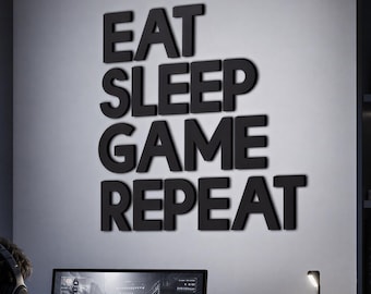 Gamer Wall Art - Large Eat Sleep Game Repeat Wall Decor - 3D Acrylic and Wood, Custom Colors, Gaming Room Accent