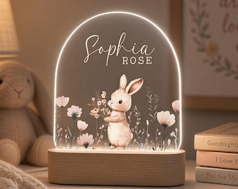 Personalised Baby Night Light, Cute Bunny Nursery Lamp, New Baby Girl Gift