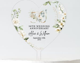 Personalised 50th Anniversary Heart Cake Topper Gold Floral