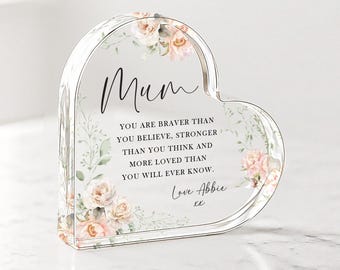Personalised Mum Acrylic Heart Plaque – Floral Gift for Mum – Custom Message Keepsake – Mother’s Day, Birthday or Christmas Gift