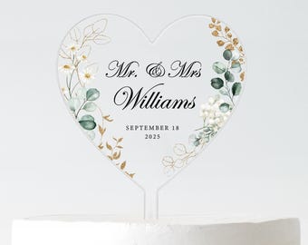 Personalised Mr & Mrs Wedding Cake Topper with Surname Gold Floral