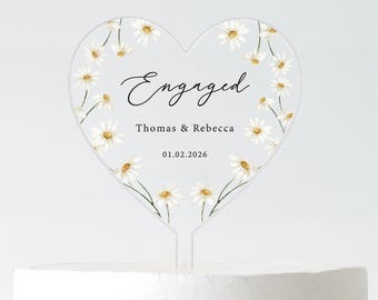 Heart Shaped Engaged Cake Topper | Daisy Floral Engagement Party Decoration