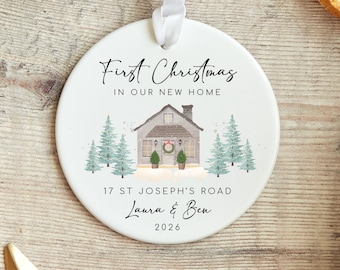 New Home Ornament, Ceramic Christmas Keepsake | UV-Printed | 8 Cm, Personalised Address Year